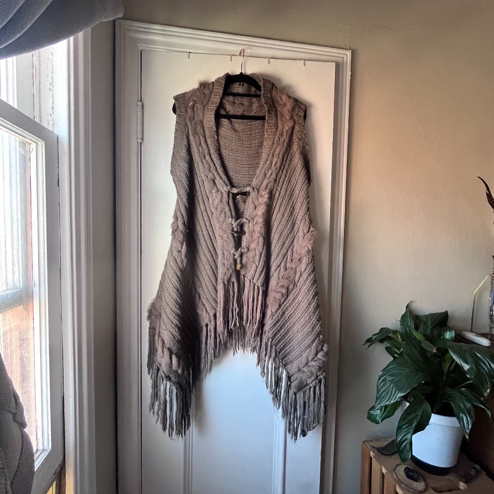 Saga Grey Sweater Vest/Poncho with Feathered Detail Size M/L